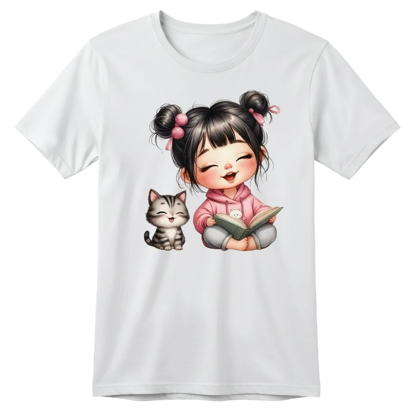 تی‌شرت آستین کوتاه بچگانه مدل دخترک و گربه کد p1 