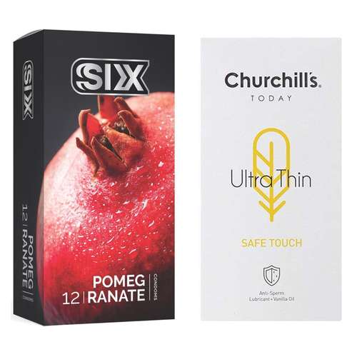 کاندوم چرچیلز مدل Ultra Thin بسته 12 عددی به همراه کاندوم سیکس مدل انار بسته 12 عددی