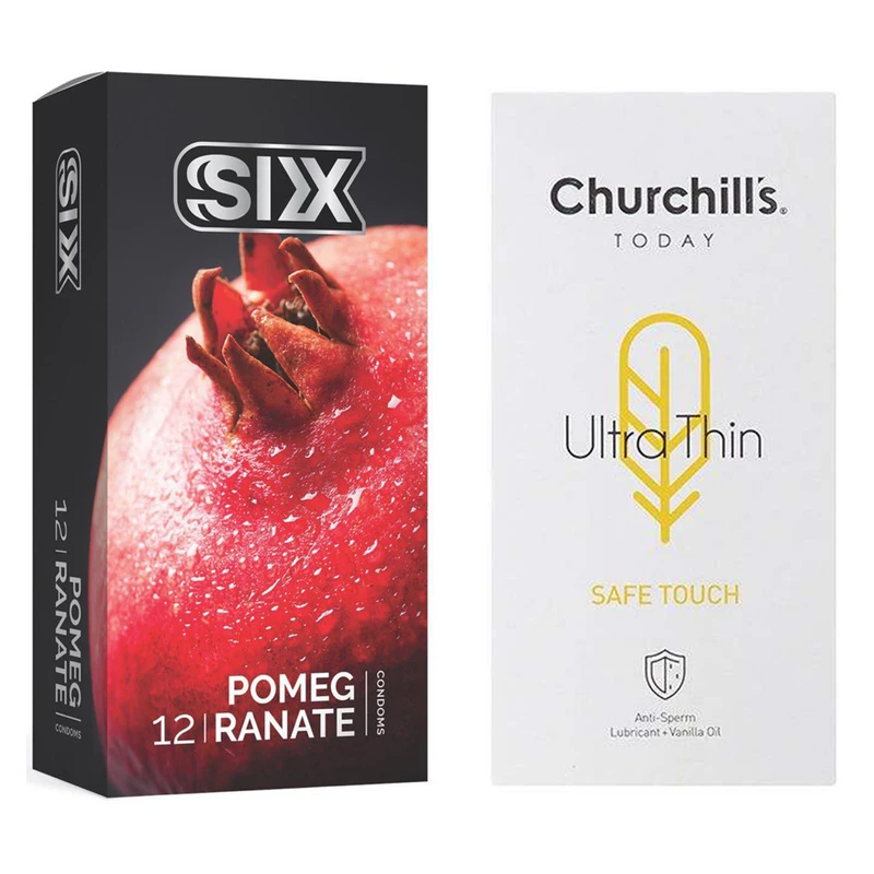 کاندوم چرچیلز مدل Ultra Thin بسته 12 عددی به همراه کاندوم سیکس مدل انار بسته 12 عددی
