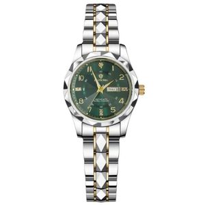 ساعت مچی عقربه‌ای کوارتز زنانه بین باند مدل الماسی دو تقویمه قفل مخفی بند استیل کد 011