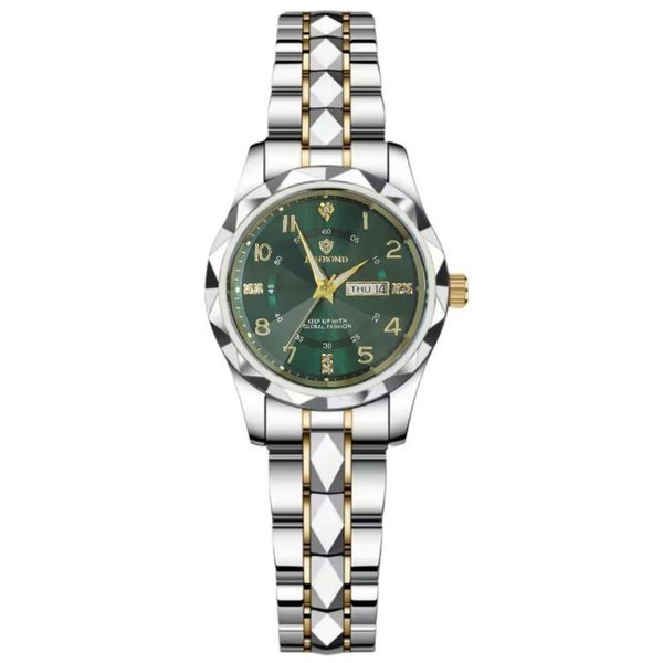 ساعت مچی عقربه‌ای کوارتز زنانه بین باند مدل الماسی دو تقویمه قفل مخفی بند استیل کد 011