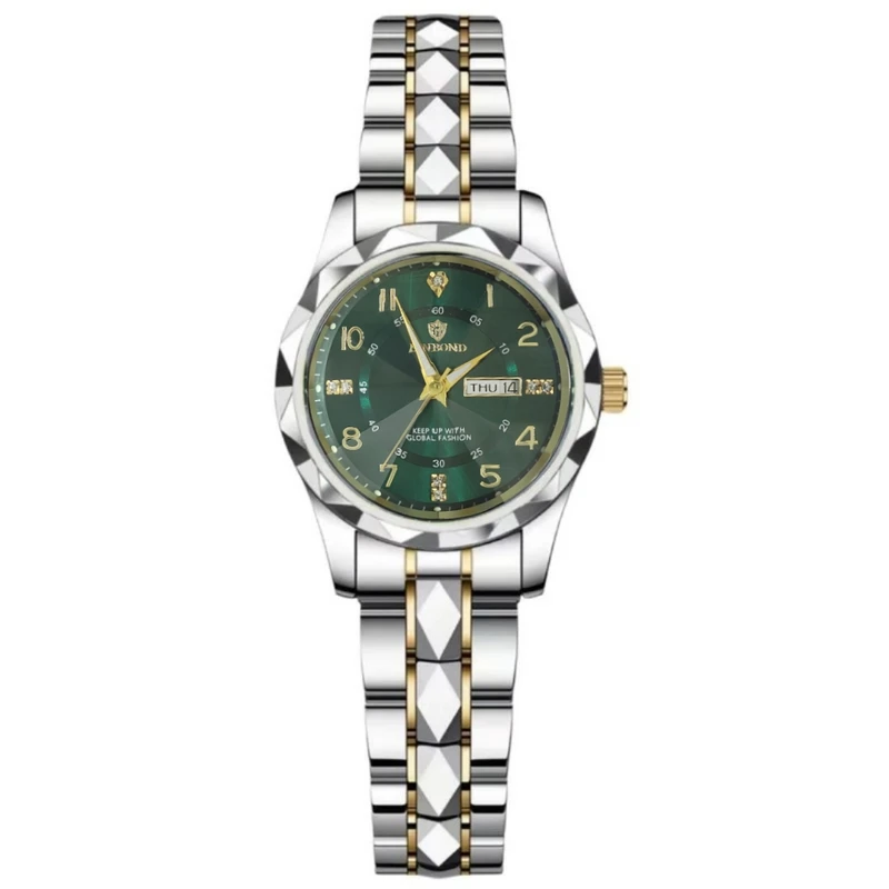 ساعت مچی عقربه‌ای کوارتز زنانه بین باند مدل الماسی دو تقویمه قفل مخفی بند استیل کد 011