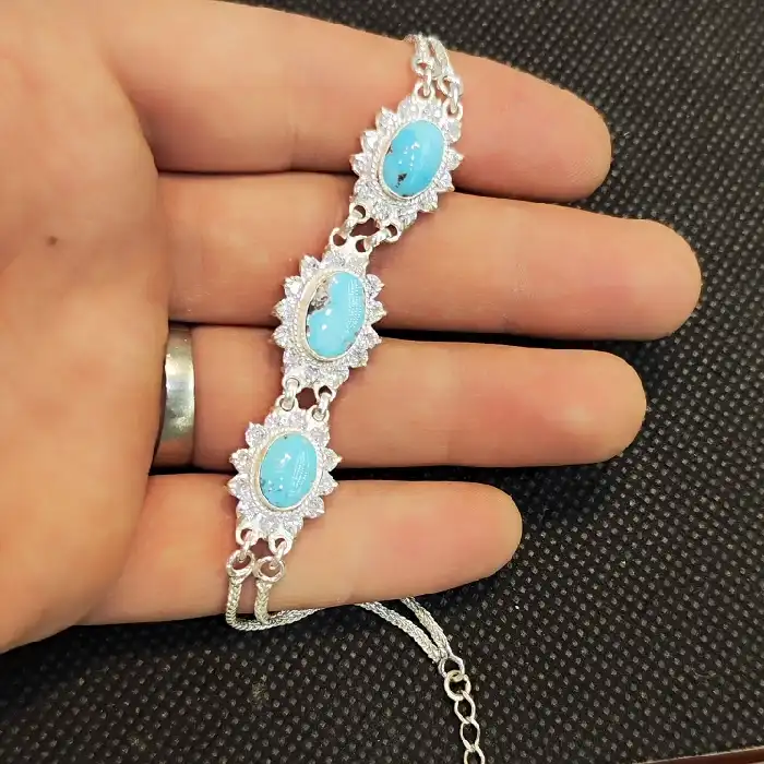 دستبند نقره زنانه مدل سنگ فیروزه نیشابور کد 748