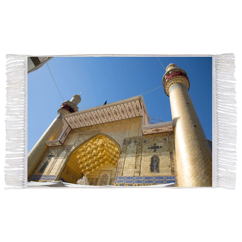 فرش ماشینی دیوارکوب اطلس آبی مدل گنبد و گلدسته حرم حضرت علی کد T4081