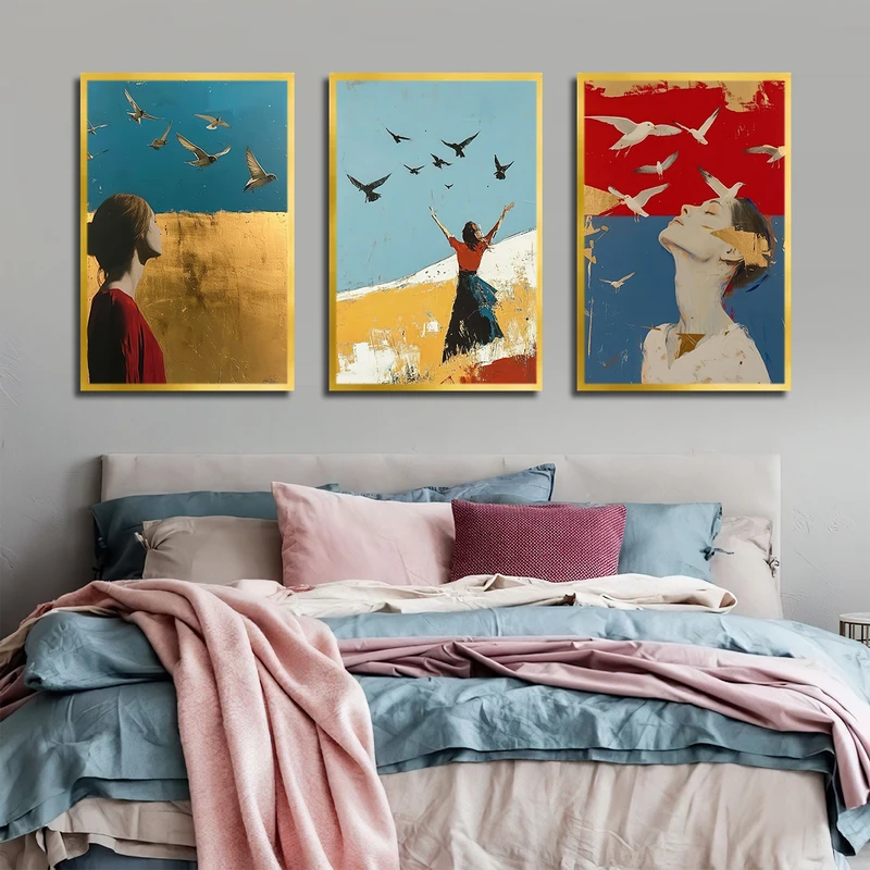 تابلو بکلیت طرح دکوراتیو نقاشی چهره و پرنده مدل T-3336 فریم طلایی مجموعه 3 عددی