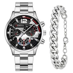 ست ساعت مچی عقربه‌ای کوارتز و دستبند مردانه جنوا مدل تقویم‌دار کد 528-2 Si