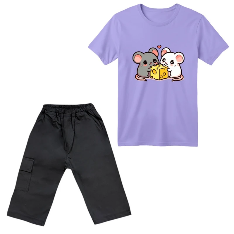 ست تی‌شرت آستین کوتاه و شلوارک دخترانه مدل موش های شکمو