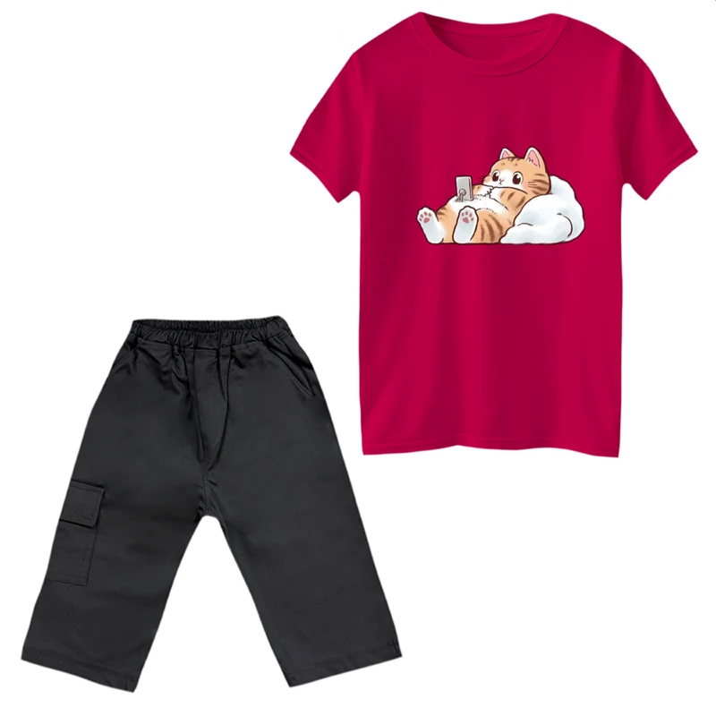 ست تی‌شرت آستین کوتاه و شلوارک دخترانه مدل گربه و بالشت