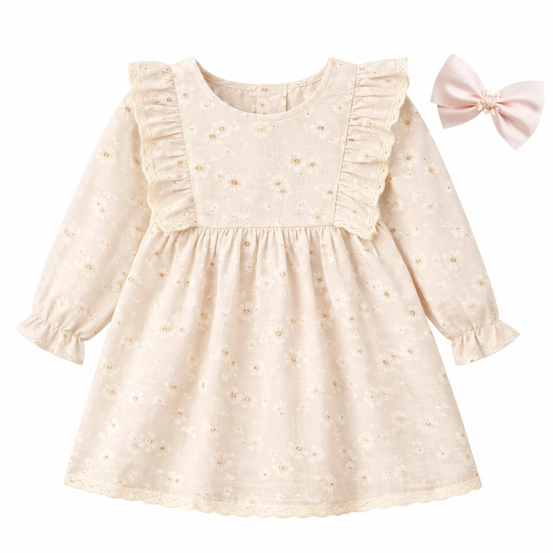 پیراهن آستین بلند یقه گرد دخترانه مدل  گل بابونه به همراه گیره مو