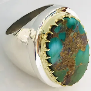 انگشتر نقره مردانه مدل دستساز فیلی پنبه ای فیروزه