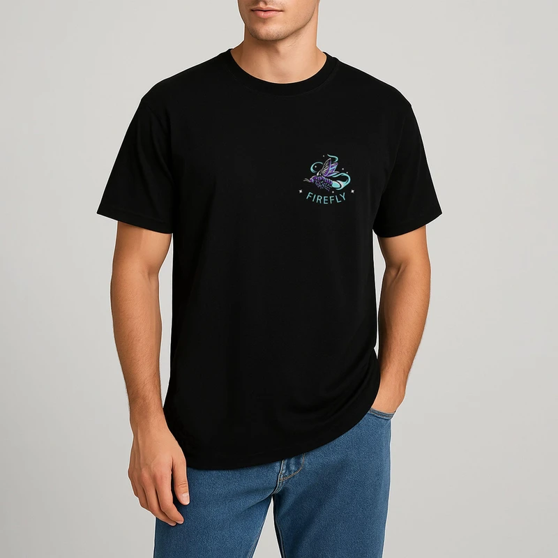 تی‌شرت آستین کوتاه مردانه مدل لوگو کرم شب تاب کد 0887 رنگ مشکی