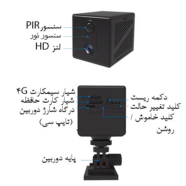 دوربین مداربسته تحت شبکه سیمکارتی مدل MG3 با لنز واید 120 درجه، رزولوشن 3 مگاپیکسل، دید در شب سیاه و سفید، باتری داخلی، ارتباط صوتی دوطرفه و سنسور تشخیص حرکت هوشمند به همراه نرم‌افزار OKAM-PRO