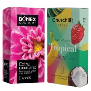 کاندوم چرچیلز مدل Tropical بسته 12 عددی به همراه کاندوم بونکس مدل Extra Lubricated بسته 12 عددی 