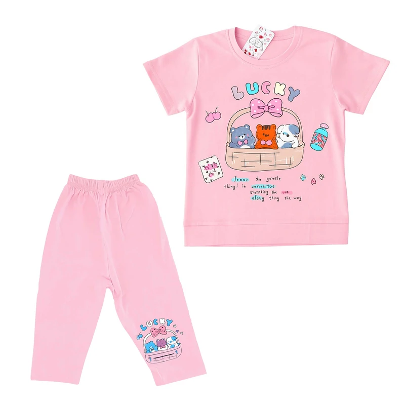 ست تی‌شرت آستین کوتاه و شلوار راحتی بچگانه مدل نخ پنبه گلدوزی طرح عروسکی