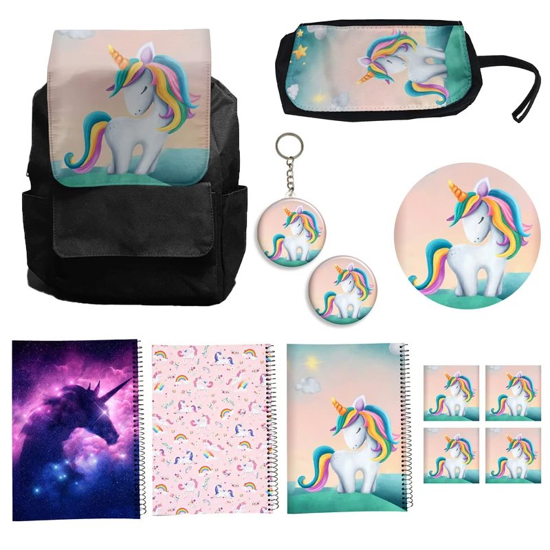 کوله پشتی مدل یونیکورن تک شاخ کد A10 Unicorn به همراه دفتر مشق و جامدادی و زیر لیوانی و جاکلیدی مجموعه 12 عددی