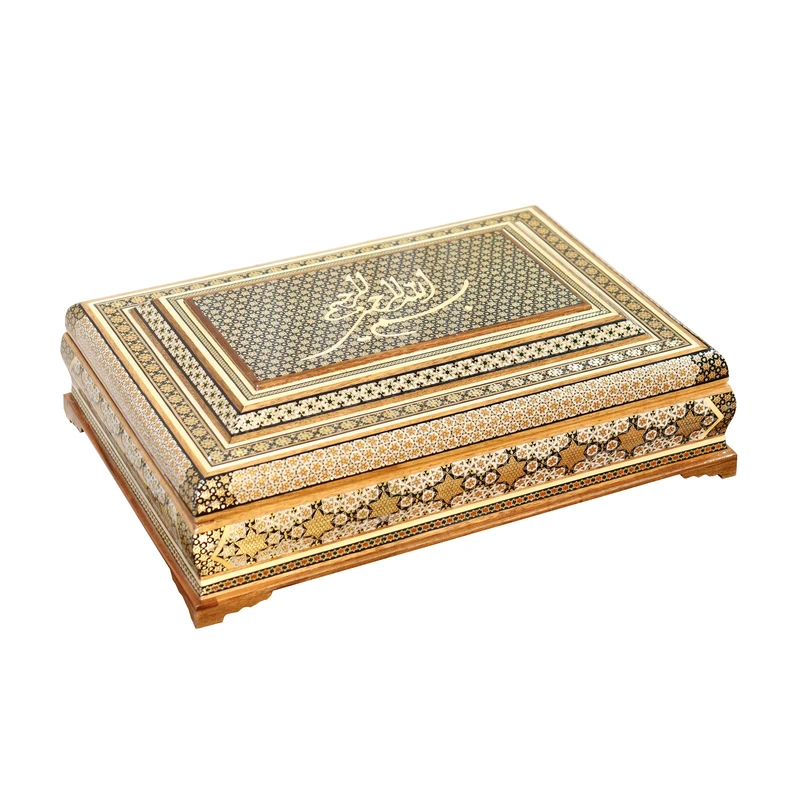 جعبه قرآن کریم خاتم کاری چوب
 صنایع دستی فاخر مدل صادراتی طرح بسم الله الرحمن الرحیم کد HQDark3525