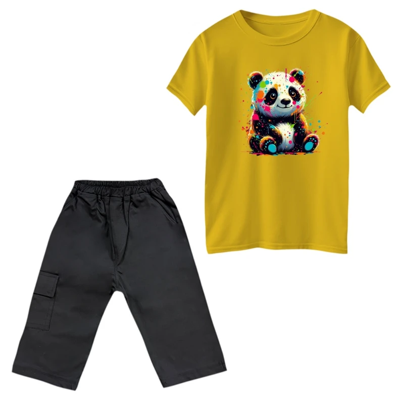 ست تی‌شرت و شلوارک پسرانه مدل پاندا رنگی رنگ زرد