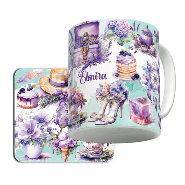 ماگ لاژید مدل اسم المیرا طرح نقاشی آبرنگ به همراه زیرلیوانی