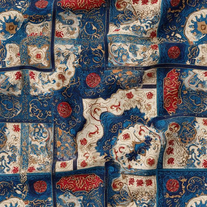 پارچه ملحفه عرض 1.5 متر پارچه باما طرح پنج بعدی فرش ایرانی آرتا کد 5015402 رنگ سرمه‌ای