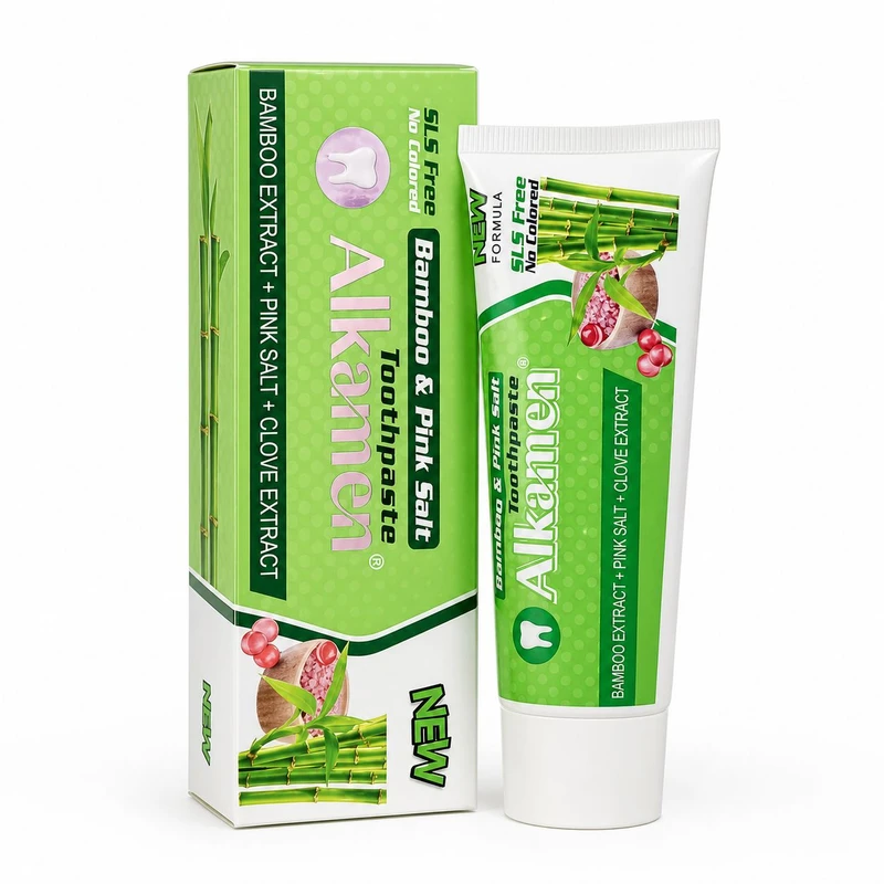 خمیردندان تخصصی آلکامن مدل Bamboo Extract + Pink Salt با عصاره بامبو میخک حجم 75 میلی‌لیتر