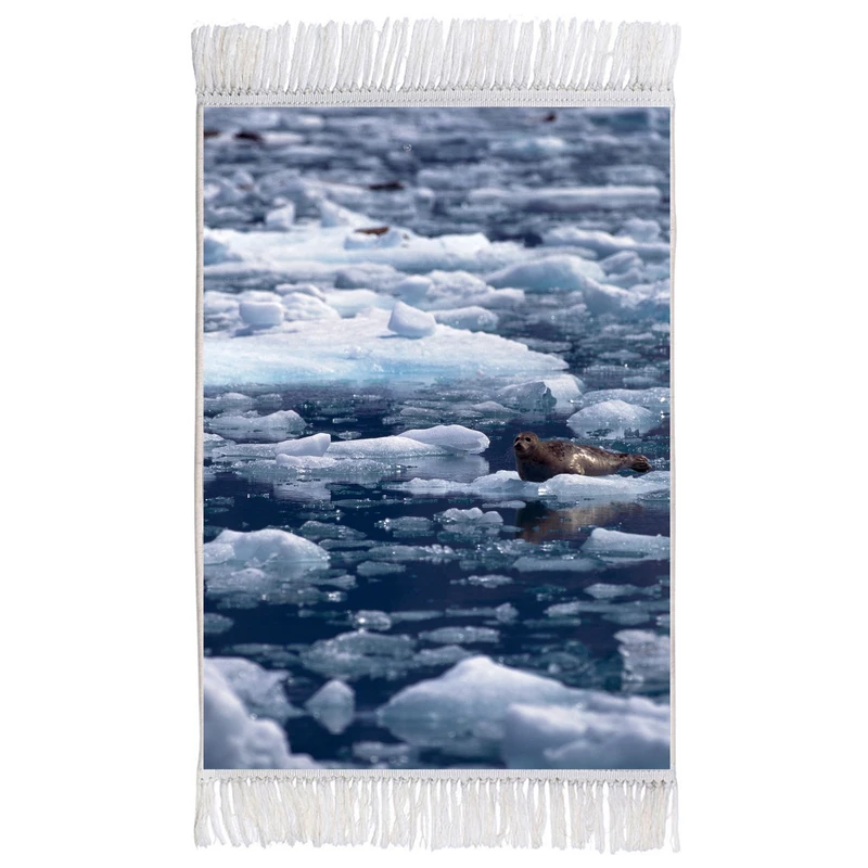 فرش ماشینی دیوارکوب اطلس آبی مدل طرح یخ و دریاچه مدل T2092 