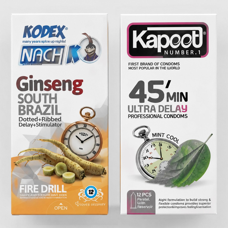 کاندوم تاخیری کاپوت مدل 45MIN بسته 12 عددی به همراه کاندوم خاردار کدکس مدل GINSENG بسته 12 عددی