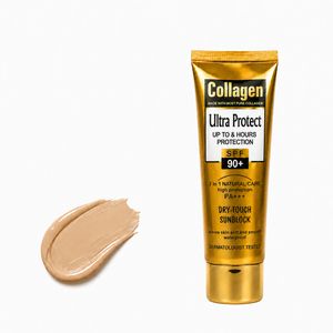 کرم ضد آفتاب رنگی کلاژن SPF90 مناسب دست و صورت مدل Ultra Protect محافظت کننده در برابر اشعه UVA و UVB مناسب برای انواع پوست حجم 100 میلی لیتر