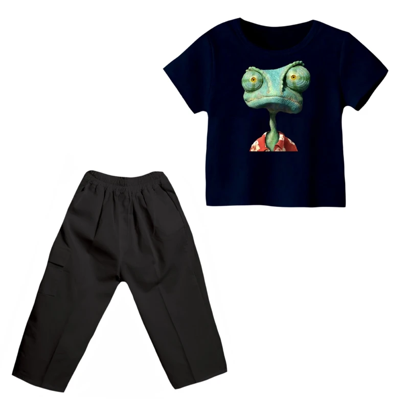 ست تی شرت و شلوارک پسرانه مدل رنگو  رنگ سرمه ای