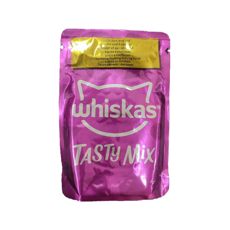 پوچ گربه بالغ ویسکاس مدل Tasty Mix Chef's Choice in Gravy با طعم مرغ و ماهی کاد وزن 85 گرم