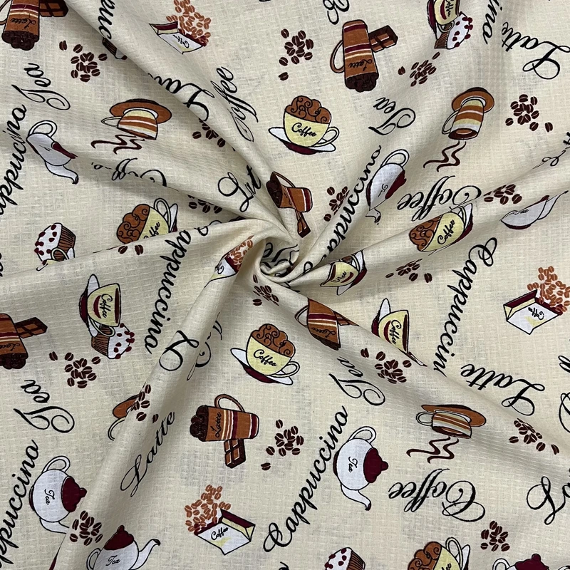 پارچه آشپزخانه عرض 1.5 متر نساجی بروجرد مدل دستمال طرح قهوه کد 02 رنگ کرم