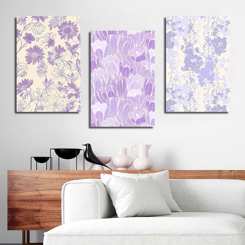تابلو شاسی بکلیت طرح نقاشی گل و کاکتوس بنفش مدل SH-2826 مجموعه 3 عددی