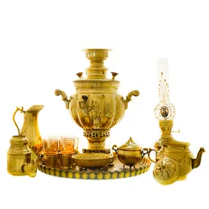 سرویس سماور ذغالی 14 پارچه برنجی مدل توپی ترک دار کد 4280