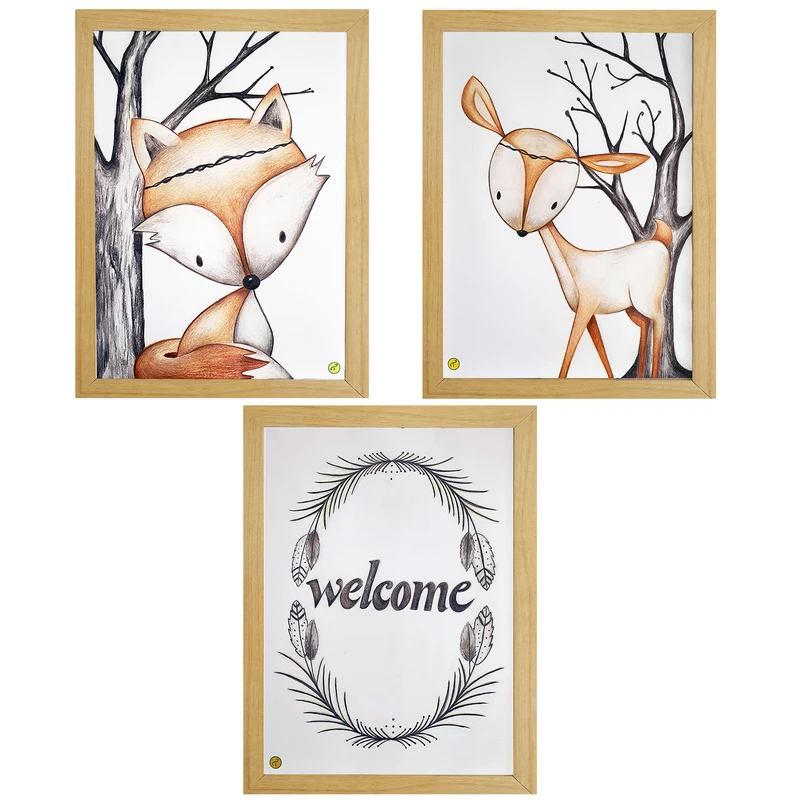 تابلو  نقاشی مداد رنگی به سبک  رئالیسم مدل آهو و روباه مجموعه سه عددی