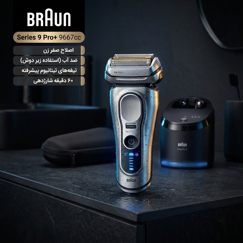 ماشین اصلاح موی صورت شارژی براون مدل series 9 pro plus 9667cc با فناوری Pro SensoAdapt، تیغه‌های تیتانیوم پیشرفته، ضد آب، استفاده خشک و مرطوب، شارژ سریع، دقت اصلاح صفر