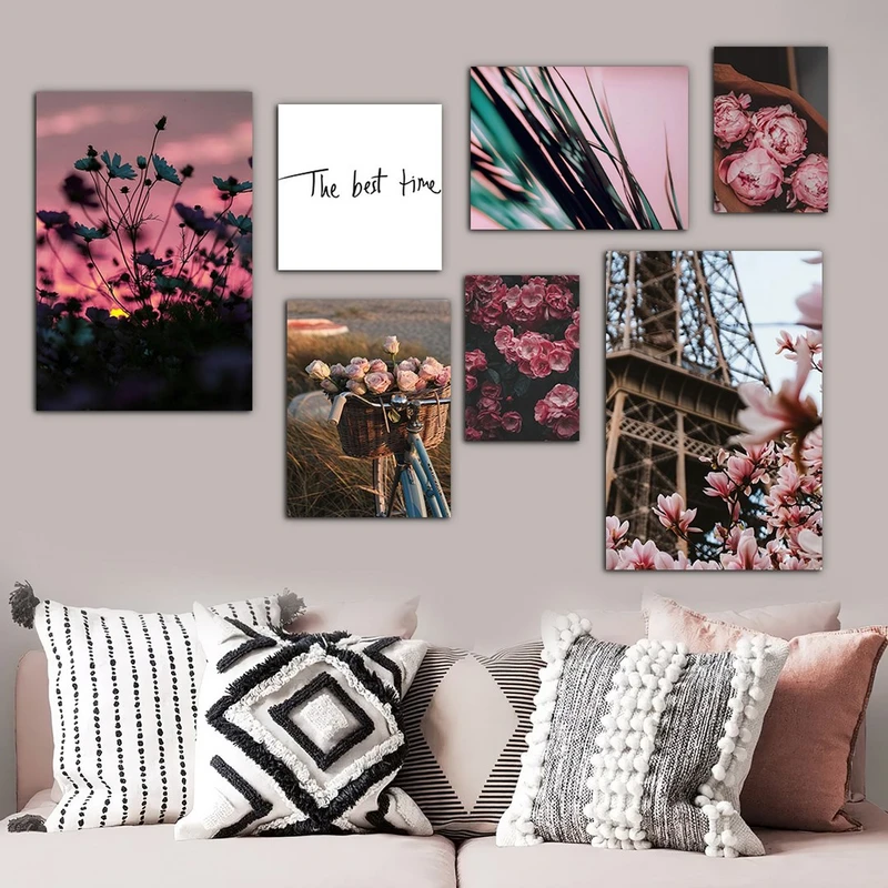 تابلو شاسی بکلیت طرح برج ایفل و گل رز صورتی مدل SH-975 مجموعه 7 عددی