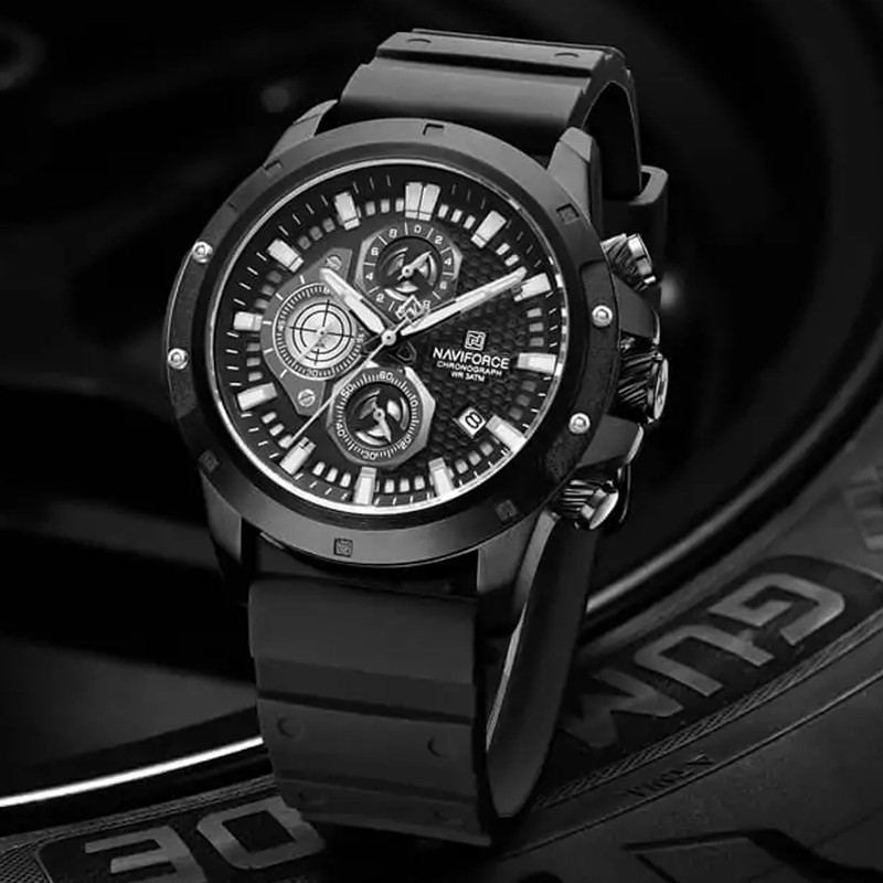 ساعت مچی عقربه‌ای مردانه نیوی فورس مدل کرنوگراف سه موتور ضدآب بند رابر کد PE90