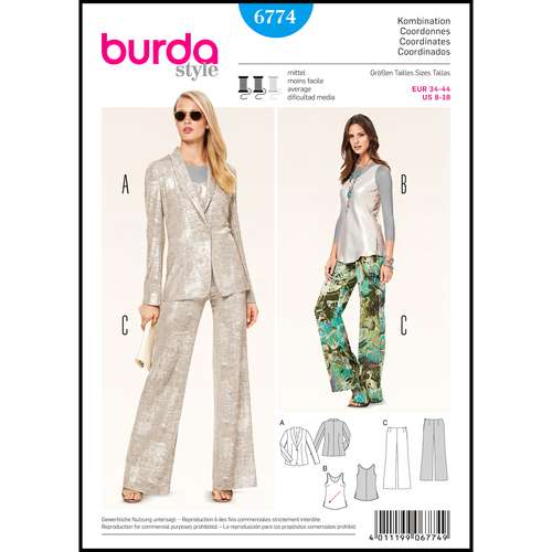 الگو خیاطی تاپ و کت شلوار زنانه بوردا استایل کد 6774 سایز 34 تا 44 متد مولر