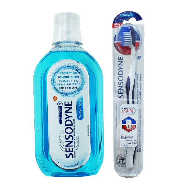 دهان شویه سنسوداین مدل Fresh Mint حجم 500 میلی لیتر به همراه مسواک سنسوداین مدل GUM sensitive با برس نرم دهان شویه سنسوداین مدل Fresh Mint حجم 500 میلی لیتر به همراه مسواک سنسوداین مدل GUM sensitive با برس نرم