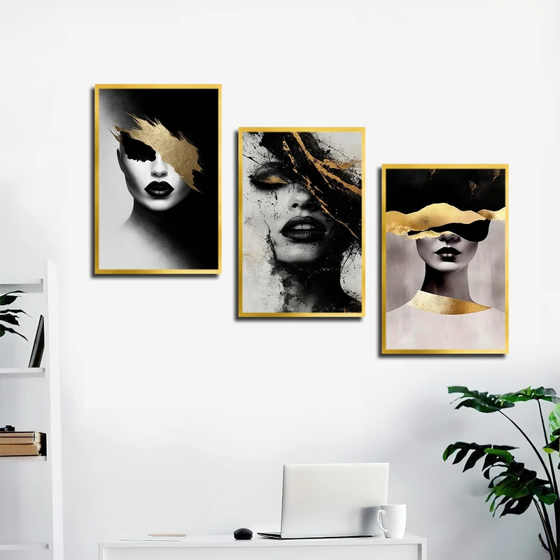 تابلو بکلیت طرح نقاشی چهره مدل T-3608 فریم طلایی مجموعه 3 عددی