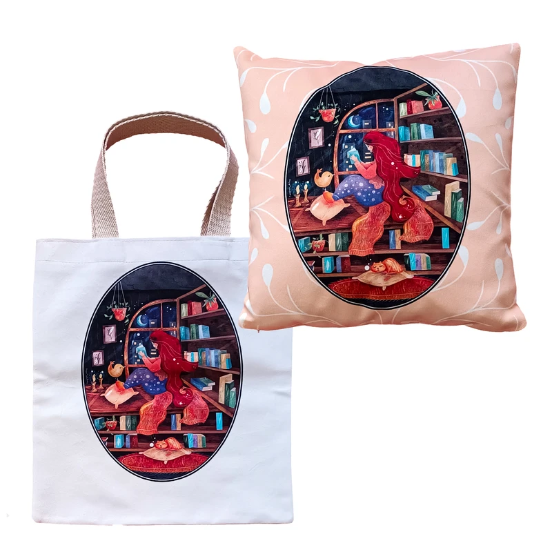 کاور کوسن نقش افرا مدل کتاب دخت سایز 30x30 سانتی متر به همراه توت بگ