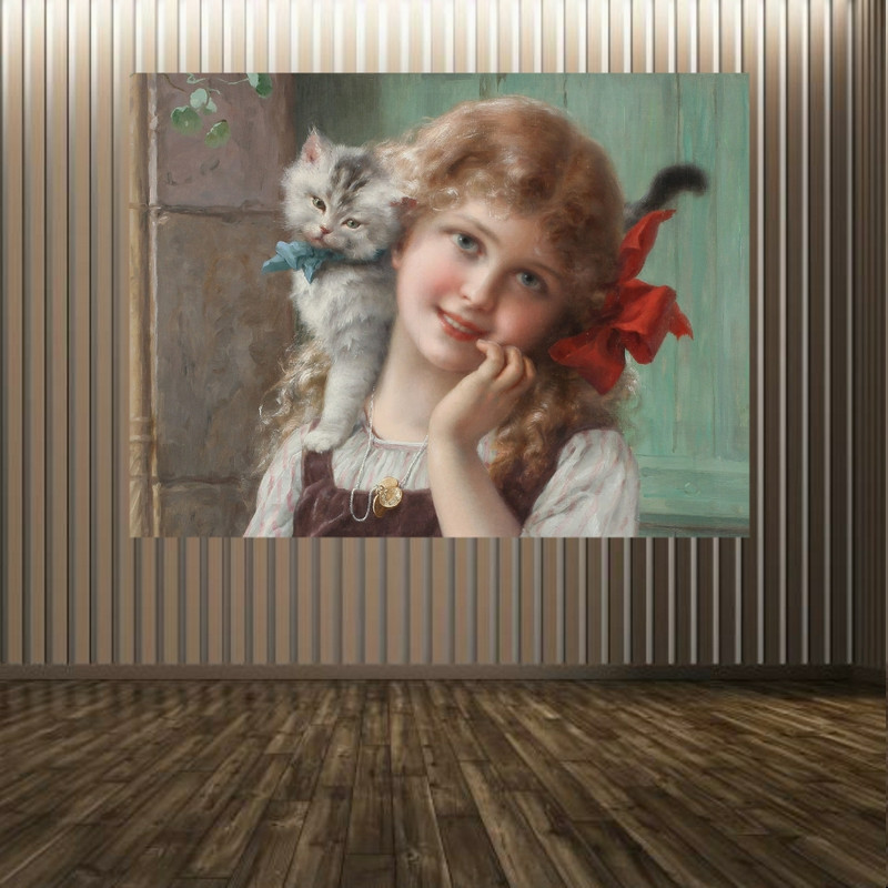 پوستر پارچه ای طرح نقاشی کلاسیک مدل دختر و گربه کد PP2512