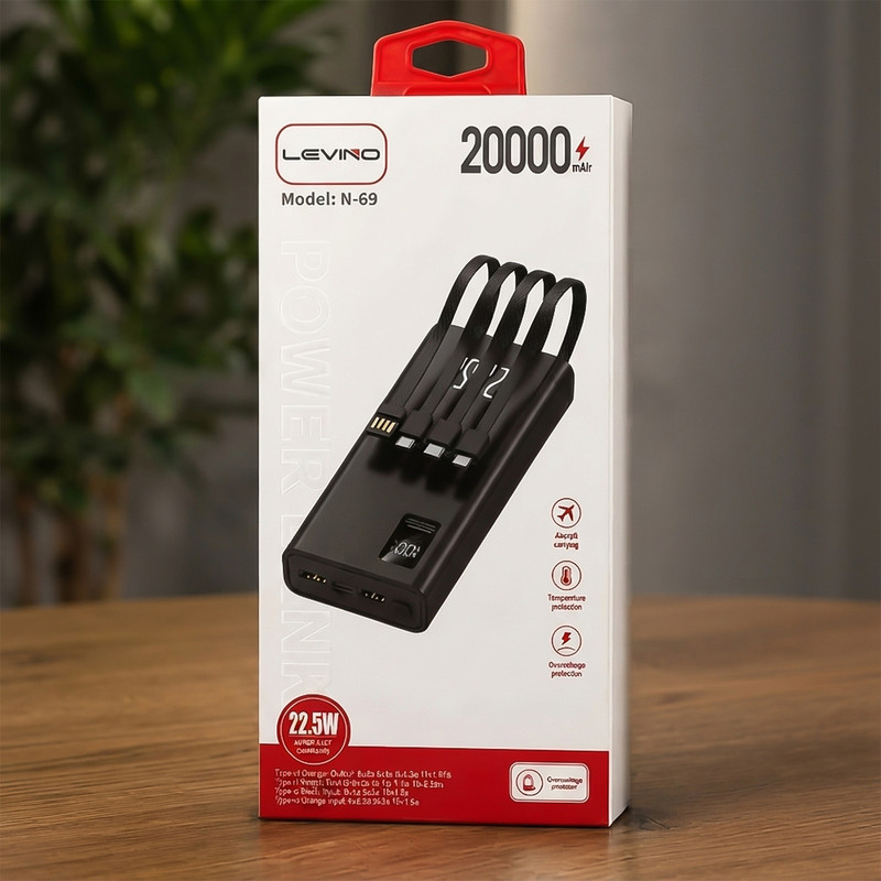 پاوربانک 22.5 وات لوینو مدل N-69 ظرفیت 20000 میلی‌آمپرساعت به همراه کابل USB-C، لایتنینگ، MicroUSB و USB