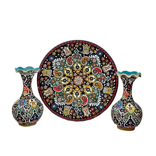 ست 3 تکه گلدان و بشقاب میناکاری کد 0020