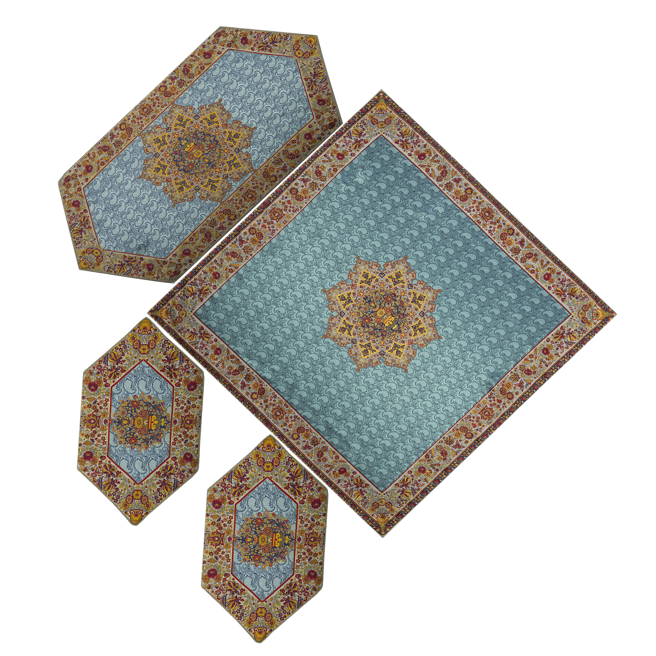 ست جهار تکه ابریشم ترمه عدل کشمیر طرح گل فرنگ g40