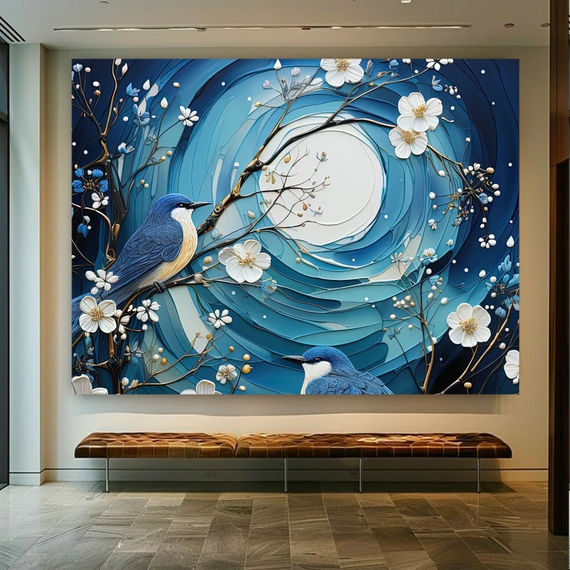 پوستر طرح مخمل پرنده روی شاخه پر شکوفه کد BK22864