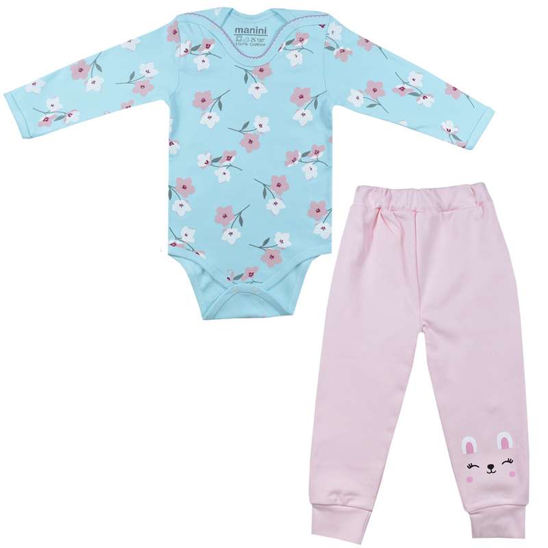 ست بادی آستین بلند و شلوار نوزادی  مانینی مدل گلدار کد 1