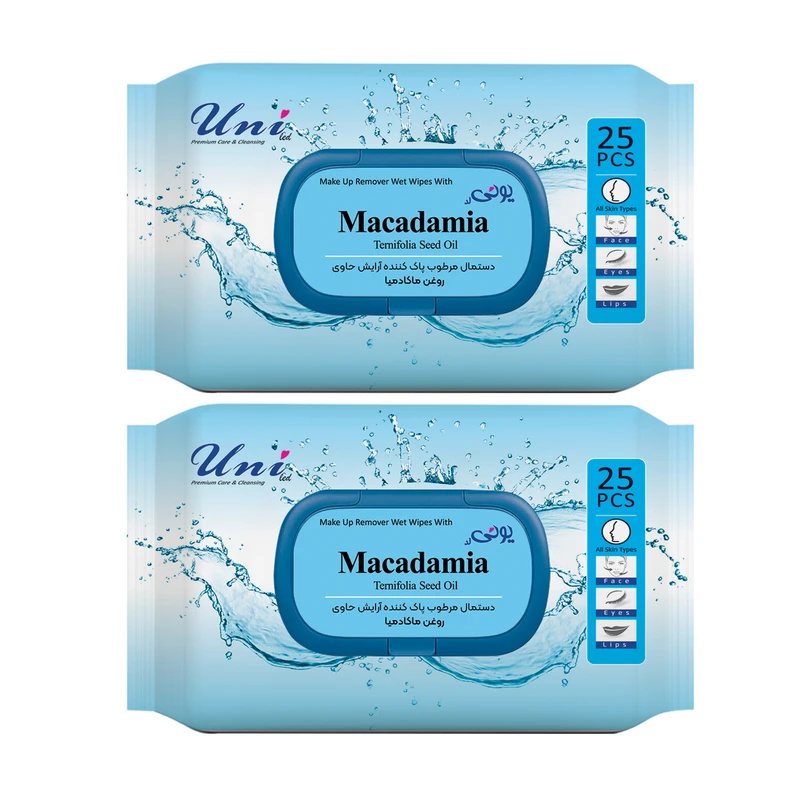 دستمال مرطوب یونی لد مدل پاک کننده آرایش روغن ماکادمیا دو بسته 25 عددی