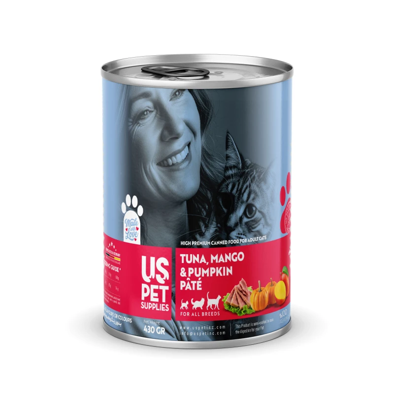 کنسرو غذای گربه بالغ یو اس پت مدل های پریمیوم طعم ماهی تن، انبه و کدو وزن 800 گرم