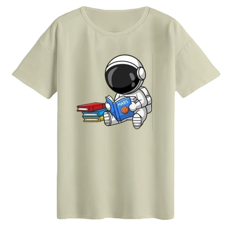 تی‌شرت لانگ آستین کوتاه زنانه مدل فضانورد و کتاب رنگ کرم