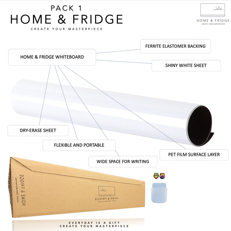 تخته وایت برد هوم اند فریج مدل 1 سایز 60x40 سانتی متر به همراه هولدر مغناطیسی و مگنت یخچالی مجموعه ۴ عددی